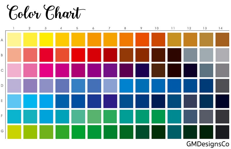 May include: Color chart with 14 columns and 7 rows of color swatches. Each row is labeled with a letter from A to G and each column is numbered from 1 to 14. The colors range from yellow to red, orange, purple, blue, green, and gray.