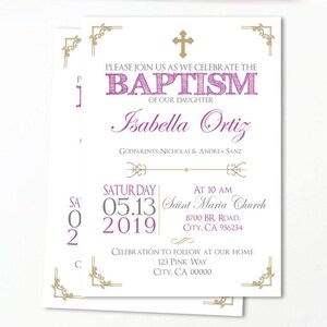 Invitation à se baptiser, or, baptême de fille, baptême de bébé, christianisme, imprimable, cartes, imprimable, lilas, invitations imprimées BFC02