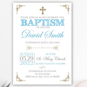 invitation au baptême, baptême d'invitation, argent et or, baptême de garçon, baptême de bébé, christianisme, imprimable, cartes, BFC02 imprimable
