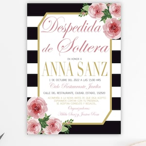 Uitnodiging vrijgezellenfeest, bruidsdouche uitnodiging Spaans, bruidsdouche uitnodigen, bloemen bruidsdouche, afscheid, afdrukbare BR03