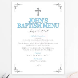 Menu baptême garçon, menu imprimable, menu de baptême, cartes de menu, fichier numérique, baptême, communion, fête, baptême d'argent, bleu argent BFC02