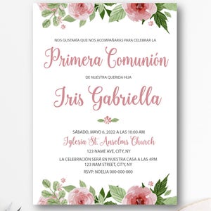 invitation première communion fille espagnole, fille de première communion, christianisme, imprimable, invitation imprimable, tableau, rose BFC03