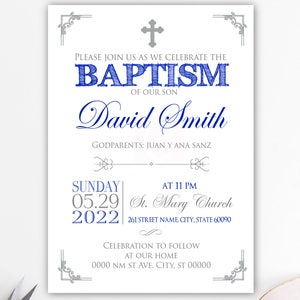 Invitation de baptême, baptême d'invitation, bleu et argent royal, garçon de baptême, bébé, christianisme, imprimable, cartes, BFC02 imprimable