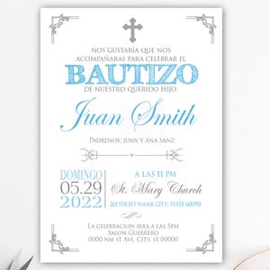 Battezzamento ragazzo, Christening inviti spagnoli stampati, blu, argento, battesimo spagnolo, christening ragazzo, battesimo bambino BFC02