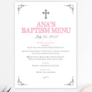 Menu baptême fille, menu imprimable, menu de baptême, cartes de menu, fichier numérique, baptême, communion, fête, baptême d'argent BFC02