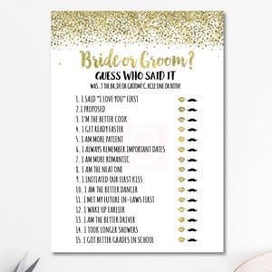 Bride or Groom Game, He Said She Said Bridal Shower Game Printable, Wedding Shower Games, Bridal Shower Activity, Who said it, BR01