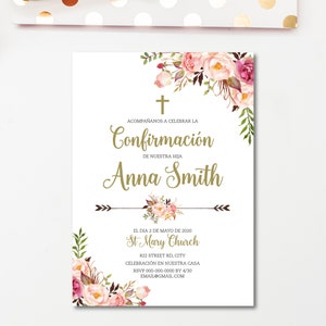 Invito cresima ragazza, oro, prima comunione, inviti stampati o file digitali, fiori, boho, rosa, oro