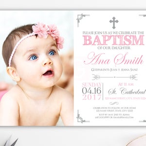 Taufe Einladung mit Foto, Taufe Mädchen, Taufe Baby, Christentum, gedruckte Einladungen, Karten, rosa, Taufkarten BFC02