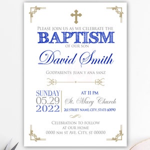 invitation au baptême, invitation au baptême, bleu royal et or, baptême des garçons, bébé, christianisme, imprimable, cartes, imprimable BFC02