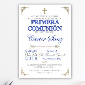 invitation première communion garçon espagnol, première communion garçon, christianisme, imprimable, invitation imprimable, tableau noir, or, BFC02