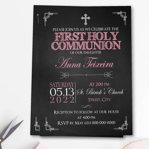 Invitation de première communion fille, première communion fille, invitations imprimées, numérique, tableau noir, argent, tableau noir, communion argent BFC01
