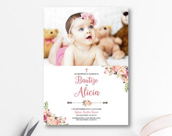 Spanish Baptism invitation girl, photo Baptism invitation espanol, bautizo invitation, Christening Invitation, spanish invitations BFC04