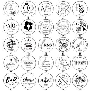 May include: A selection of 25 circular stickers, each featuring unique designs and text. Designs include wedding rings, initials, floral wreaths, and phrases like "Thank You" and "Save the Date." The stickers are predominantly black and white.