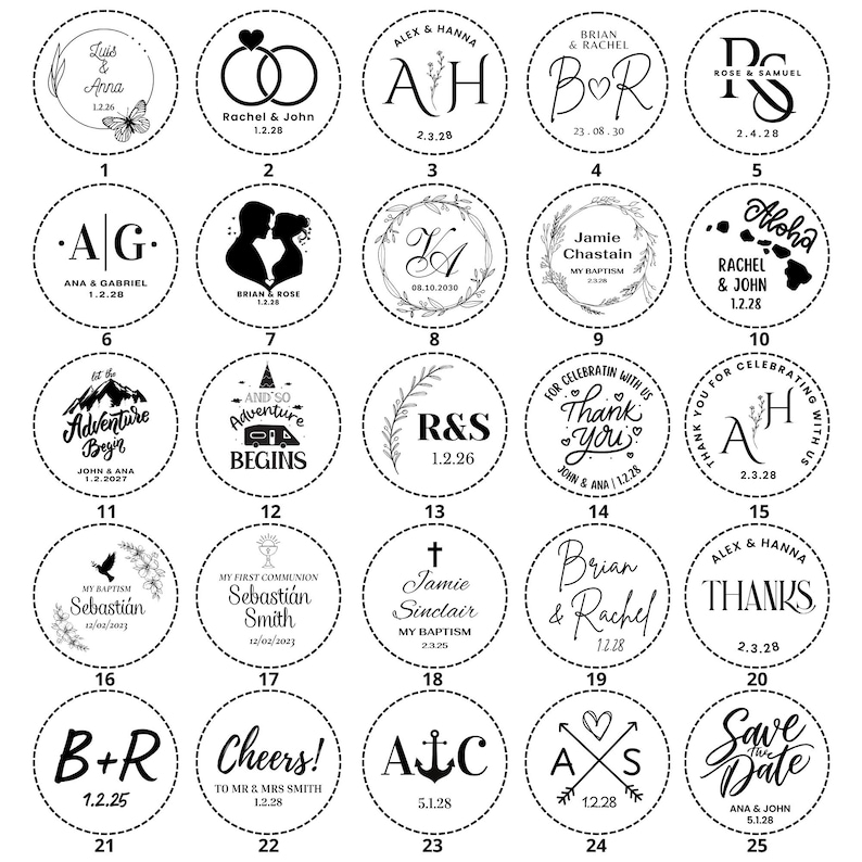 May include: A selection of 25 circular stickers, each featuring unique designs and text. Designs include wedding rings, initials, floral wreaths, and phrases like "Thank You" and "Save the Date." The stickers are predominantly black and white.