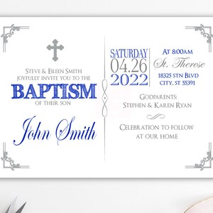 Invitation de baptême, baptême d'invitation, bleu et argent royal, garçon de baptême, bébé, christianisme, imprimable, cartes, BFC02 imprimable