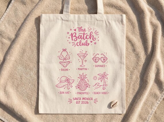 Custom Bachelorette Trip Tote Bag, The Bach Club hand drawn Doodle design, Beach Martini
