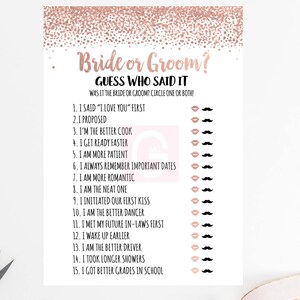 Rose Gold Bride or Groom Game, He Said She Said Bridal Shower Game Printable, Wedding Shower Games, Bridal Shower Activity, Who said it BR02