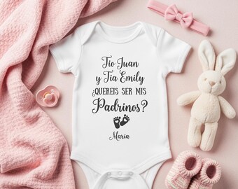 Tio Tia quieren ser mis padrinos will you be my godparent bodysuit baby godparent proposal spanish godmother gift godfather Gift annoucement