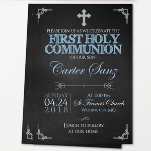 Invitation première communion garçon, première communion garçon, invitations imprimées, numérique, tableau noir, argent, tableau noir, communion argent BFC01