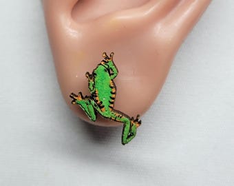 Frog Stud Earrings - Tree Frog - Tiger Leg Monkey Tree Frog - Hand Painted - Frog Earrings - Amphibian