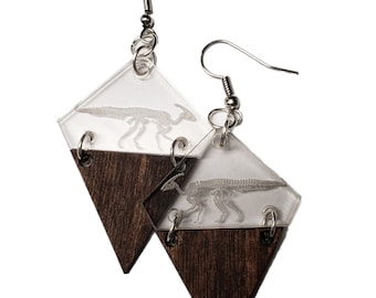 Dinosaur Earrings - Parasaurolophus - Fossil - Fossils - Dangle Earrings - Acrylic - Wood - Dino - Dinosaurs