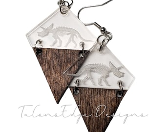 Dinosaur Earrings - Triceratops - Fossil - Fossils - Dangle Earrings - Acrylic - Wood - Dino - Dinosaurs