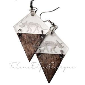 Dinosaur Earrings - Triceratops - Fossil - Fossils - Dangle Earrings - Acrylic - Wood - Dino - Dinosaurs