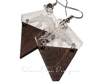 Dinosaur Earrings - Stegosaurus  - Fossil - Fossils - Dangle Earrings - Acrylic - Wood - Dino - Dinosaurs