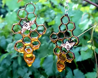 Honeycomb Bee Earrings - Bees - Honey Comb - Dangle Earrings