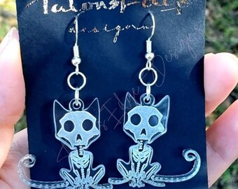 Cat Skeleton Acrylic Earring - Feline Earrings - Kitty  - Dangle - Drop Earring