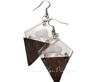 Dinosaur Earrings - Dimetrodon - Fossil - Fossils - Dangle Earrings - Acrylic - Wood - Dino - Dinosaurs