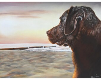 Chocolate Labrador on beach Original Pastel Painting: Canine Art (12x16in) Not a print