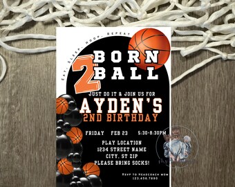 Basketball Themed Kids Party Invitation-Born Two Ball- Digital Download
