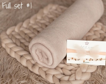 Conjunto de accesorios de fotografía para recién nacidos Flokati color beige, fondo de tela para posar recién nacidos, accesorios de tela para fotos de recién nacidos, manta de lana merino para recién nacidos.