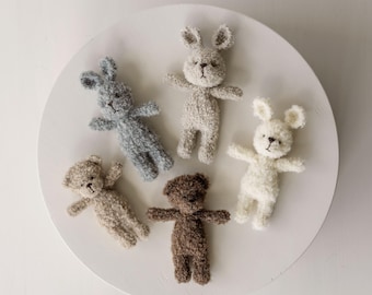 Mini osito de peluche y conejito de bouclé, accesorio para fotografía de recién nacidos, osito de peluche tejido, osito y conejo de juguete para recién nacidos, accesorios para fotos de bebés