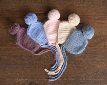 Angora Wool Baby Knitted Bonnet with Pompom, Newborn Knitted Outfit, Newborn Knit Hat, Newborn Photography Prop, Newborn Beanie with PomPom
