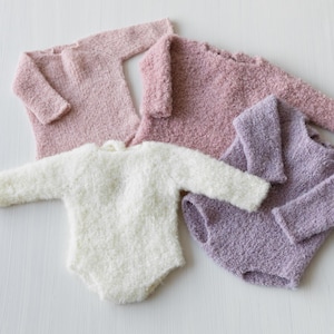Mono de crochet y diadema para niña recién nacida de bouclé, conjunto de punto para niña recién nacida, conjunto de crochet para niña recién nacida que regresa a casa, accesorio de fotografía para recién nacida