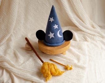 Newborn Magic Wizard Costume Cartoon Photo Props, Felted Wool Sorcerer Hat with Broom and Magic Star Wand, Baby Halloween Holiday Photoshoot