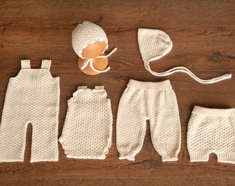 Natural Newborn Crochet Romper and Bonnet Set, Newborn Knitted Outfit, Newborn Knitted Blanket, Newborn Photography props, Baby Girl Romper
