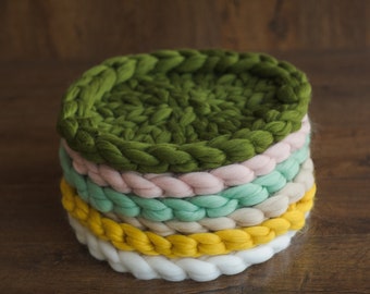 Newborn Merino Wool Nest Blanket,Round Chunky Knit Blanket,Baby Photography Basket Filler Nest Wool Roving,White Knit Blanket,Newborn braid