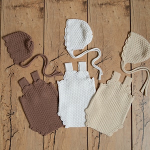 Natural Newborn Crochet Romper and Bonnet Set, Newborn Knitted Outfit, Newborn Knitted Blanket, Newborn Photography props, Baby Girl Romper zdjęcie 9