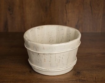 Vintage Ivory Wooden Newborn Photography Bucket – Rustic Baby Prop Wood Bowl