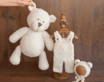 Boucle Knit Teddy Bear Toys in Different Sizes with Matching Newborn Bear Outfit, Newborn Knitted Teddy Bear Toy, Newborn Photography Props