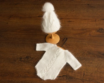 Conjunto de punto trenzado para recién nacido, Conjunto para recién nacido que regresa a casa, Gorro de punto trenzado para recién nacido, Conjunto de punto para recién nacido, Accesorios de fotografía para recién nacido, Gorro con pompón