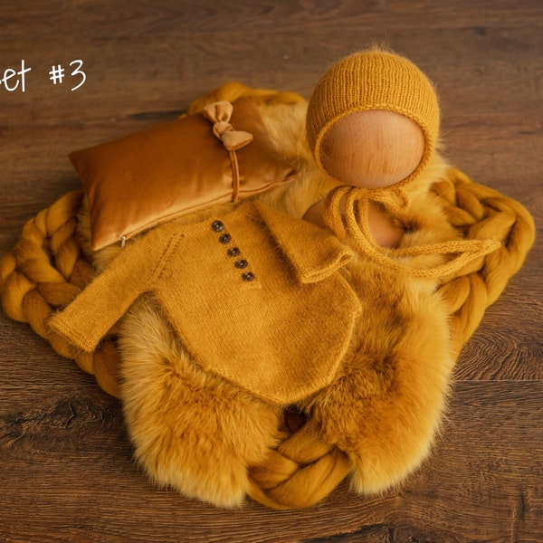 Mustard Newborn Photography Props Set,Newborn Merino Wool Blanket,Newborn Knitted Wrap and Bonnet set,Newborn Posing Pillow,Newborn Outfit