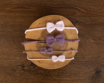 Knitted Bow Newborn Headband for Photography, Baby Girl Tieback, Angora Wool Infant Headband, Knit Photo Prop, Baby Shower Gift Girl