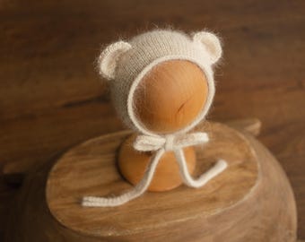 Angora Wool Knitted Baby Teddy Bear Hat – Newborn Bear Prop for Photography