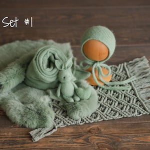 Sage Foto Requisiten Set für Neugeborenen Fotografie, Neugeborenen Makramee Teppich, Neugeborenen Strick Wrap und Mütze, Neugeborenen Pelzdecke, Neugeborenen Strickmütze