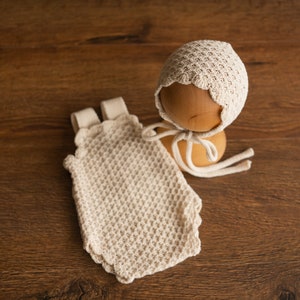 Natural Newborn Crochet Romper and Bonnet Set, Newborn Knitted Outfit, Newborn Knitted Blanket, Newborn Photography props, Baby Girl Romper Romper