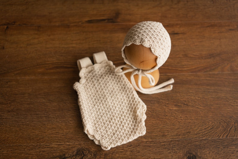 Natural Newborn Crochet Romper and Bonnet Set, Newborn Knitted Outfit, Newborn Knitted Blanket, Newborn Photography props, Baby Girl Romper Romper
